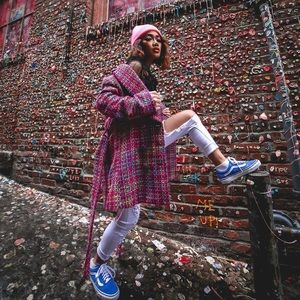 Forever 21 Pink Plaid Pea Coat Small